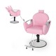 Pink 360° swivel reclining salon chair with adjustable height, backrest, and detachable headrest for hairstyling.