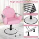 Pink 360° swivel reclining salon chair with PVC leather, adjustable height, and sturdy metal base for hair styling.