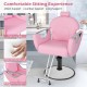 Pink 360° swivel reclining salon chair with PVC leather, high-density sponge, and adjustable height for hairstyling.