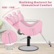 Pink 360° swivel reclining salon chair with adjustable backrest from 106° to 140° for hairstyling comfort.