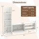 Dimensions of the white TV stand for TVs up to 50 inches, featuring adjustable shelves and spacious storage.