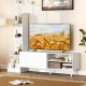 Modern mid-century TV stand in white for TVs up to 50 inches, featuring adjustable shelves and spacious storage.