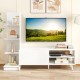 White TV stand with metal support legs, showcasing a modern mid-century design and spacious storage for decor and.