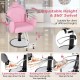Pink 360° swivel salon chair with adjustable height, reclining backrest, and sturdy metal base for hairstyling comfort.