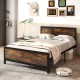 Full-size metal bed frame with rustic wood grain, sturdy support legs, and 11" under-bed storage for organized space.