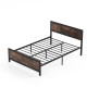 Full size metal bed frame with rustic wood grain headboard, sturdy slats, and 11" under-bed storage for organization.