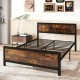 Full size metal bed frame with rustic wood grain headboard, sturdy support legs, and 11" under-bed storage space.