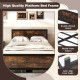 Full-size metal bed frame with rustic wood grain, sturdy support legs, and anti-slip foot pads for a stable and stylish.