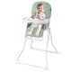 Compact highchair in green with removable tray, adjustable footrest, and safety harness for easy feeding.