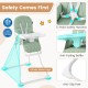 Compact highchair in green with removable tray, safety harness, and sturdy metal legs for secure feeding.