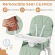 Removable green PU seat cushion with easy-clean surface, adjustable tray, and built-in cup holder for highchair.