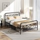 Full-size platform bed with high headboard, metal slats, and modern graphic patterns for a stylish bedroom setup.