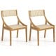 Set of 2 outdoor dining chairs with natural teak wood, webbing design, and ergonomic support for comfortable seating.