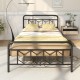 Full size platform bed with high headboard, metal slats, and modern design, perfect for stylish bedroom storage.