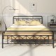 King size platform bed with high headboard, metal slats, and modern graphic patterns for a stylish bedroom setup.