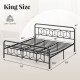 King size platform bed with high headboard, metal slats, and modern graphic design for stable sleeping and storage.
