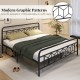 King size platform bed with high headboard, robust metal frame, and modern graphic patterns for stylish storage.