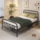 Full-size platform bed with high headboard, metal slats, and modern design, ideal for stable sleeping and storage.