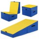 Folding incline gymnastics mat in yellow and blue, featuring high-density EPE foam for comfort and portability.