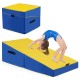 Folding incline gymnastics mat in yellow and blue, made with EPE foam for comfort, ideal for tumbling and stretching.