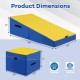 Folding incline gymnastics mat in yellow with ergonomic wedge design, ideal for tumbling and exercise, measures.