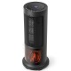 Portable 17-inch black tower space heater with 135° oscillation, adjustable thermostat, and LED 3D flame effect for.