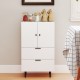 White sideboard buffet cabinet with two doors and drawers, ideal for dining supplies in living room or kitchen.