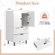 White sideboard buffet cabinet with two doors and drawers, featuring sturdy metal legs and anti-toppling kits for.