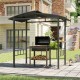 Hardtop grill gazebo with vented polycarbonate roof, black frame, and side shelves for outdoor cooking preparation.