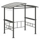 Hardtop grill gazebo with vented polycarbonate roof and side shelves, designed for outdoor cooking and prep.