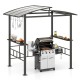 Hardtop grill gazebo with vented polycarbonate roof and side shelves, ideal for outdoor cooking and ingredient prep.