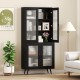 Tall black kitchen pantry cabinet with 4 transparent doors, adjustable shelves, and sturdy metal legs for modern.