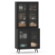 Tall black kitchen pantry cabinet with 4 transparent doors, adjustable shelves, and stable metal legs for organized.