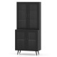 Tall black kitchen pantry cabinet with 4 transparent doors and adjustable shelves for organized storage in modern.