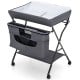 Portable adjustable height baby changing table in gray with storage, wheels, and waterproof surface for easy cleaning.
