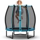 55-inch blue trampoline for kids with safety enclosure net, featuring strong bungee cords and a stable frame for.