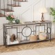Faux marble top console table with a geometric metal frame, showcasing elegant design and ample storage for hallway.