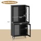 70.5-inch tall black kitchen pantry cabinet with 4 transparent doors and adjustable shelves for organized storage.