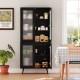 Tall black kitchen pantry cabinet with 4 transparent doors, featuring adjustable shelves for organized storage in any.