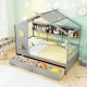Twin size house bed in gray with fence guardrails, two storage drawers, and open compartments for organized play.