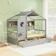 Twin size gray house bed with fence guardrails, two storage drawers, and open compartments for kids' themed rooms.