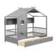 Twin size house bed in gray with fence guardrails and two storage drawers for organized bedroom fun.