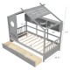 Twin size house bed in gray showcasing whimsical design with fence guardrails and open compartments for imaginative.