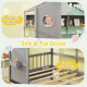 Twin size house bed in gray with interactive window, fence guardrails, and two storage drawers for organized fun.