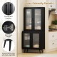 Tall black kitchen pantry cabinet with 4 transparent doors, adjustable shelves, and user-friendly details for organized.