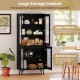 Tall black kitchen pantry cabinet with transparent doors, featuring adjustable shelves for organized storage in dining.