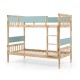Twin over twin bunk bed in natural wood with blue guardrails, featuring a ladder and full-length safety rails for kids'.
