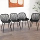 Set of four modern black kitchen chairs with metal legs and cutout backrests, perfect for dining rooms and home offices.