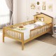 Twin size kids Montessori bed with house-shaped headboard, natural pine wood, and built-in storage shelf for playful.