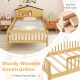 Twin size kids Montessori bed with house-shaped headboard, solid pine wood frame, and built-in storage shelf for fun.